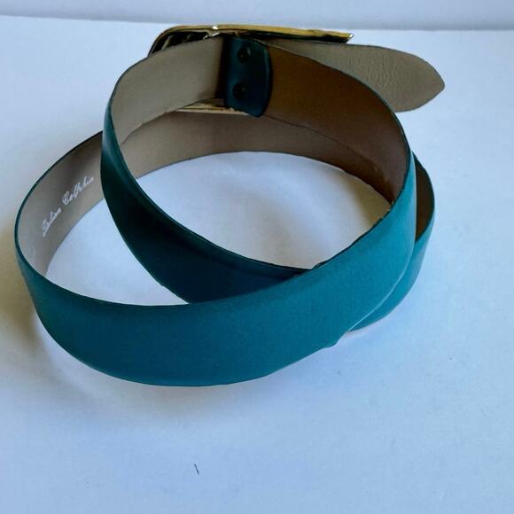 Vintage Women’s Italian Calfskin Teal Slide Belt Size L Gold Tone Clasp 80s 90s - Picture 5 of 6